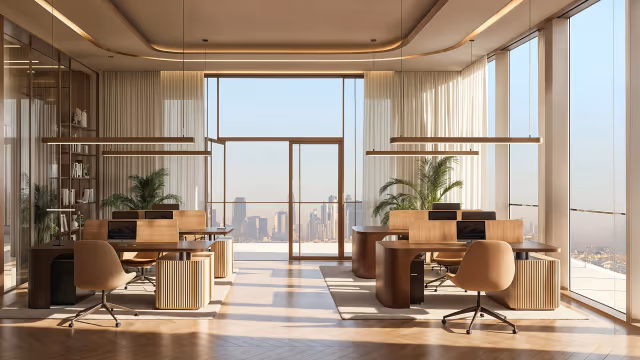 Shahrukhz by Danube – office interior with full-height windows and skyline views