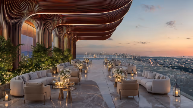 Shahrukhz by Danube – open-air sky lounge terrace with skyline views at dusk
