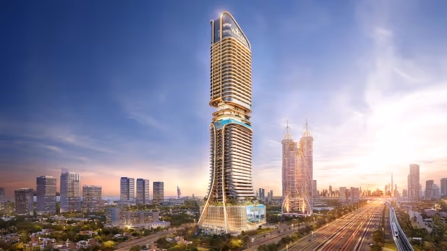 Shahrukhz by Danube – full tower view against the Dubai skyline at sunset