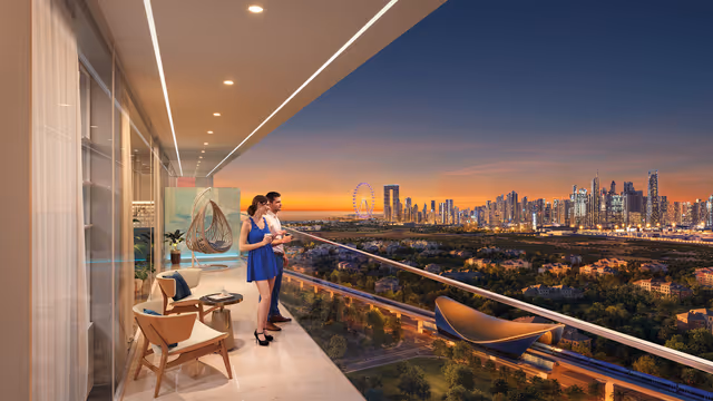 Sparklz by Danube – apartment balcony looking over Al Furjan toward the Marina skyline