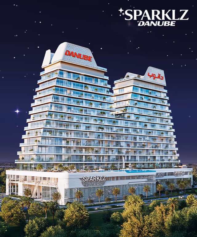 Sparklz by Danube – twin-tower night render with branded podium