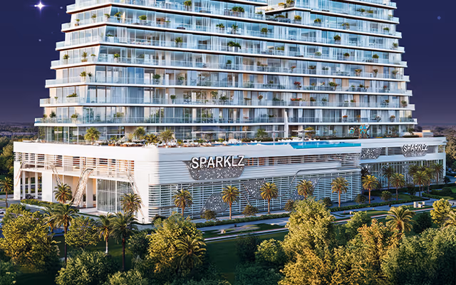 Sparklz by Danube – twin-tower night render with branded podium