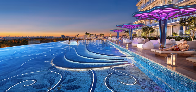 Sparklz by Danube – infinity pool deck with mosaic detailing and skyline views