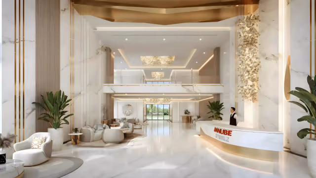 Sparklz by Danube – double-height marble lobby with reception desk