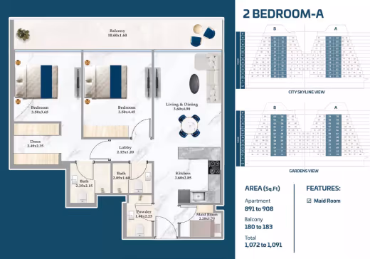 Sparklz by Danube – 2 Bedroom – Type A (maid's room) floor plan