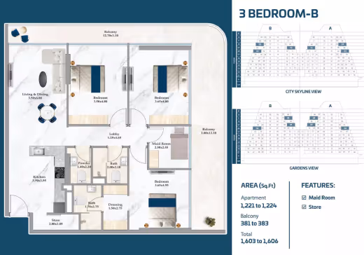 Sparklz by Danube – 3 Bedroom – Type B (maid's room + store) floor plan