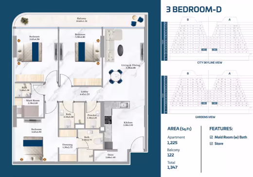 Sparklz by Danube – 3 Bedroom – Type D (maid's room + store) floor plan