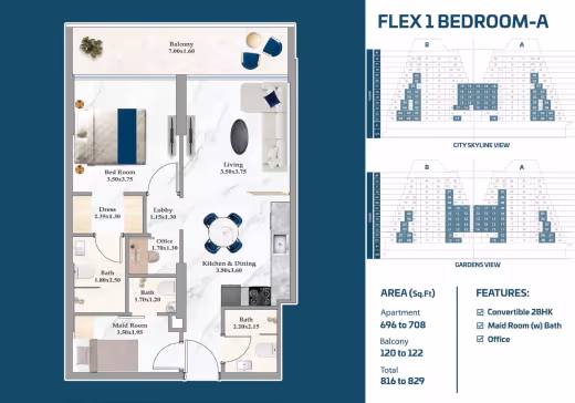 Sparklz by Danube – Flex 1 Bedroom – Type A (convertible 2BHK, office + maid's room) floor plan