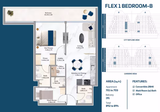 Sparklz by Danube – Flex 1 Bedroom – Type B (convertible 2BHK, office + maid's room) floor plan