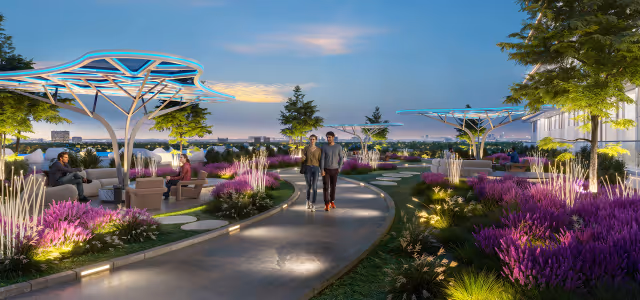 Sparklz by Danube – landscaped Sparklz Garden with shaded seating at dusk