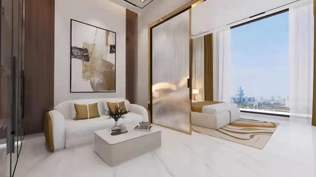 Sparklz by Danube – furnished flex apartment interior with glass partition and city view