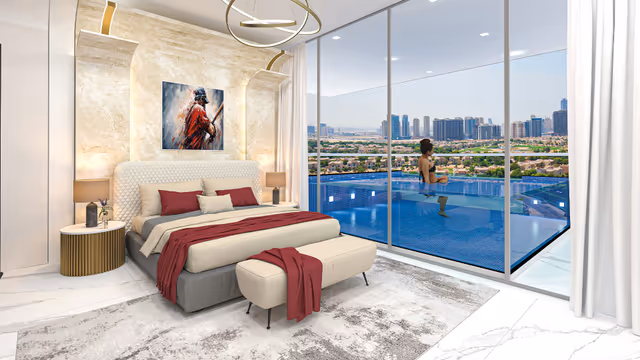 Sportz by Danube – bedroom opening onto a private balcony pool with golf-course views