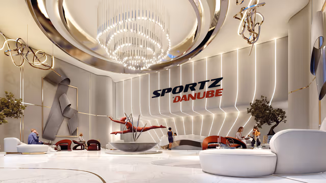Sportz by Danube – double-height entrance lobby with branded feature wall