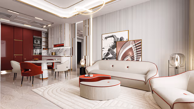 Sportz by Danube – furnished living and dining room with open kitchen