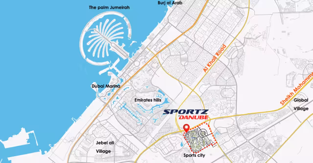 Sportz by Danube – map placing the project in Sports City off Al Khail Road