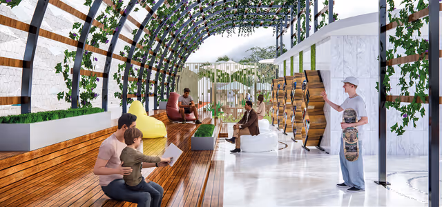 Sportz by Danube – rooftop library lounge under a planted pergola