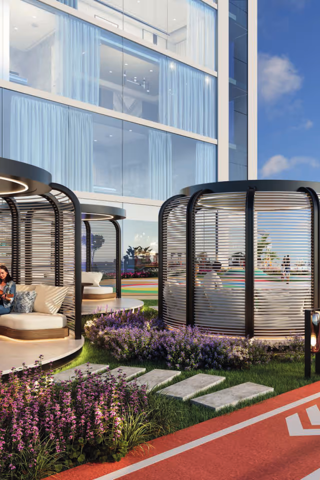 Timez by Danube – cabana seating and gardens beside the jogging track