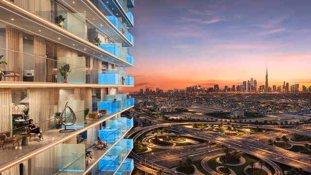 Timez by Danube – facade balconies with private plunge pools facing the Downtown skyline