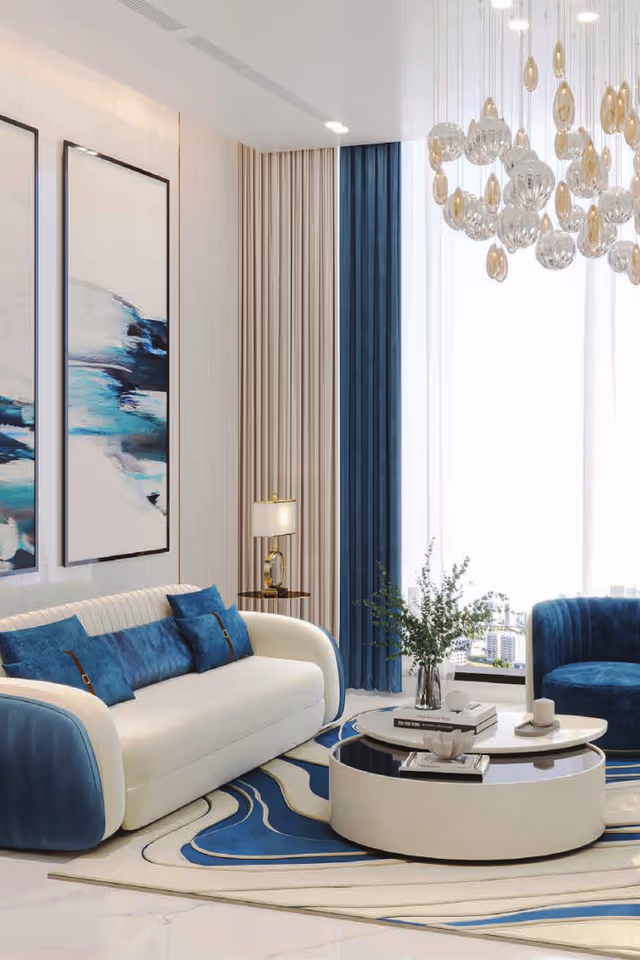 Timez by Danube – furnished living room in white, blue and brass finishes