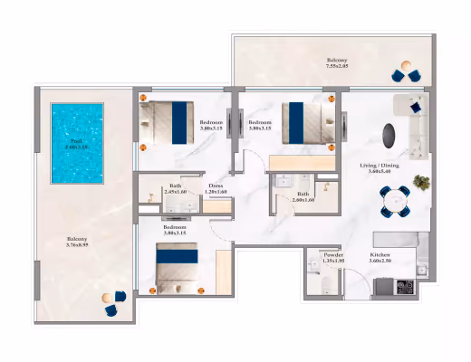 Timez by Danube – 3 Bedroom with private pool – Type B floor plan