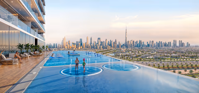 Timez by Danube – podium infinity pool with Burj Khalifa skyline view