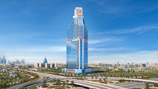 Timez by Danube – 43-storey clock-crowned tower above the Silicon Oasis interchange