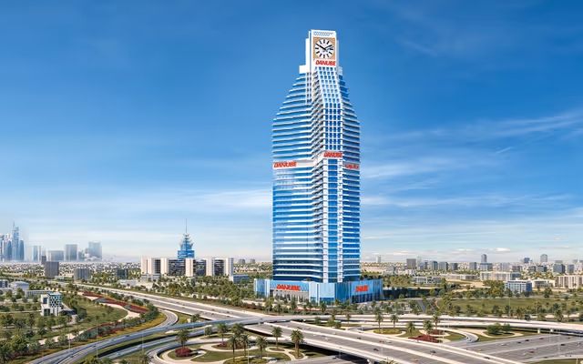 Timez by Danube – 43-storey clock-crowned tower above the Silicon Oasis interchange