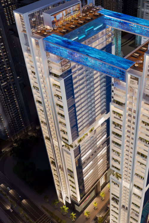 Viewz by Danube – aerial view of the rooftop decks and skybridge pools