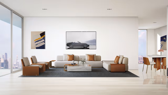 Viewz by Danube – Sky Villa living room with floor-to-ceiling skyline views