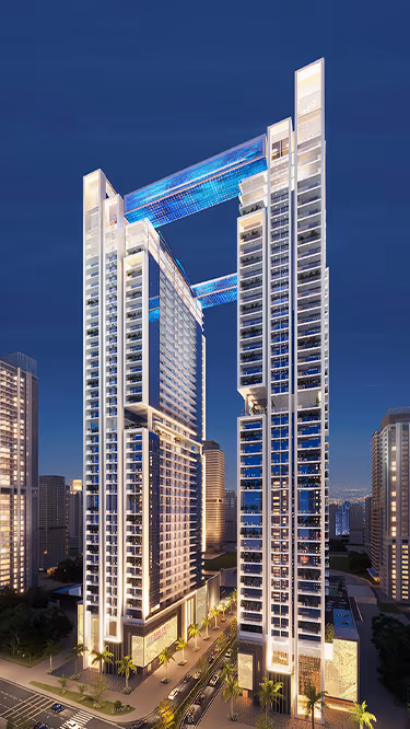 Viewz by Danube – night render of both towers and the connecting skybridges