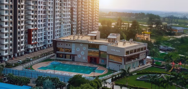 DB Pride – aerial view of completed towers, Club ZAZA and the swimming pool