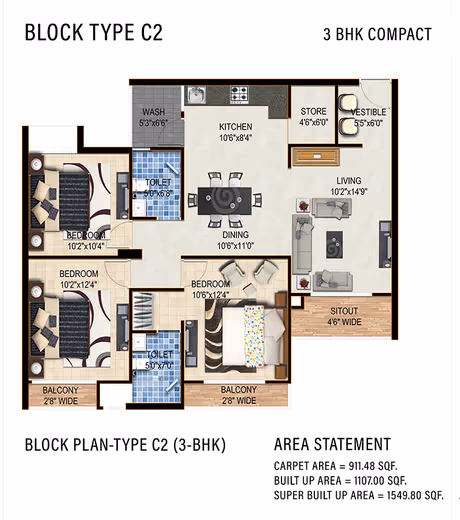 DB Pride – 3 BHK Compact floor plan