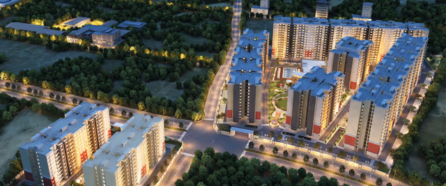DB Pride – township render at dusk showing the tower clusters and central green