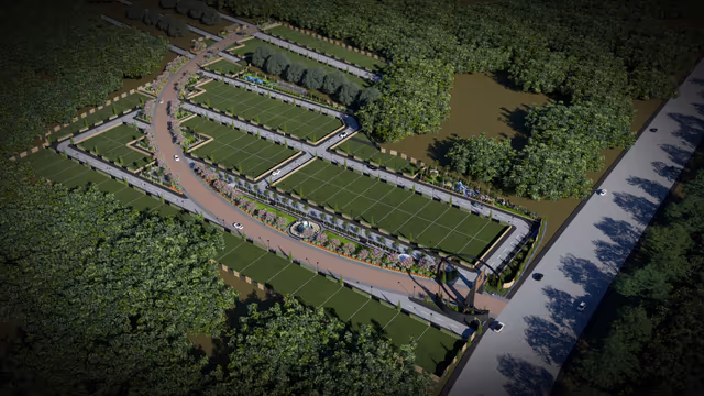 Emerald Crescent – bird's-eye render of the 128-plot layout and crescent spine road