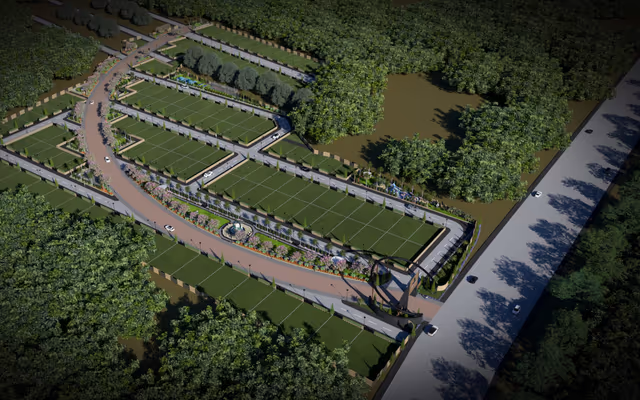 Emerald Crescent – bird's-eye render of the 128-plot layout and crescent spine road