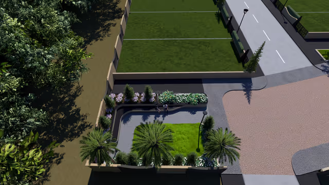 Emerald Crescent – corner garden with palms beside demarcated plots and internal road