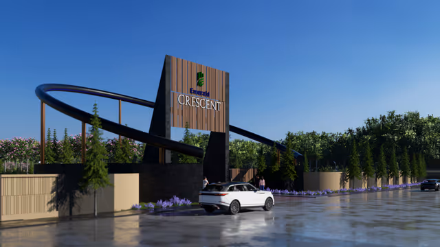 Emerald Crescent – entrance plaza and gate seen from the approach road