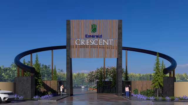 Emerald Crescent – main entrance gate with crescent arch, front view