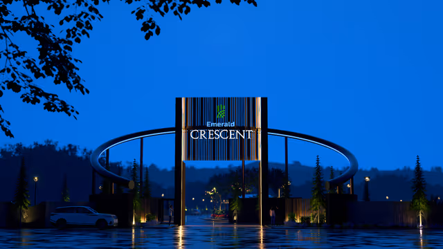Emerald Crescent – entrance gate lit up at night