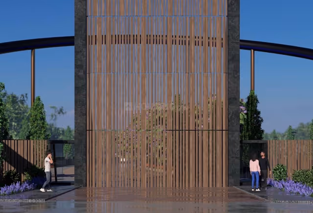 Emerald Crescent – timber-slat entrance pylon close-up