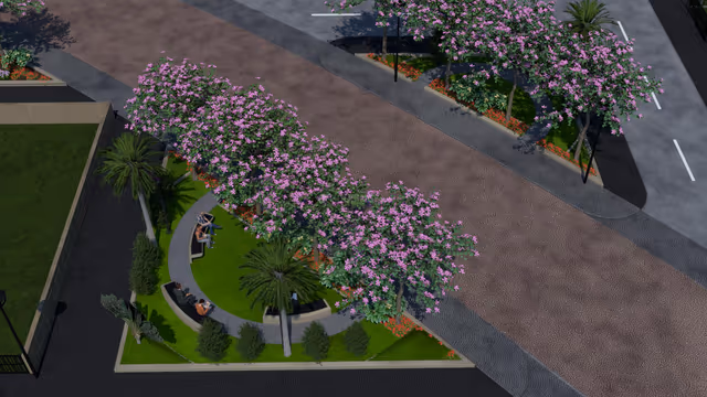 Emerald Crescent – aerial view of a circular garden seating node on the spine road