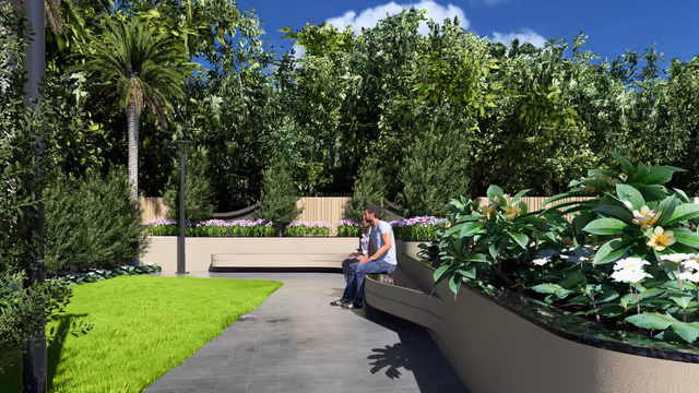 Emerald Crescent – landscaped garden walkway with curved benches