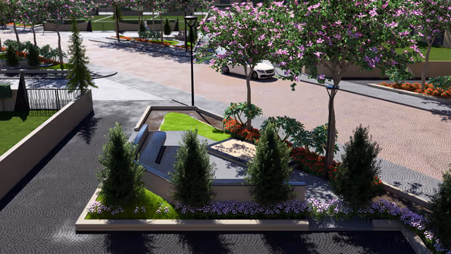 Emerald Crescent – corner plaza with water feature and conifers