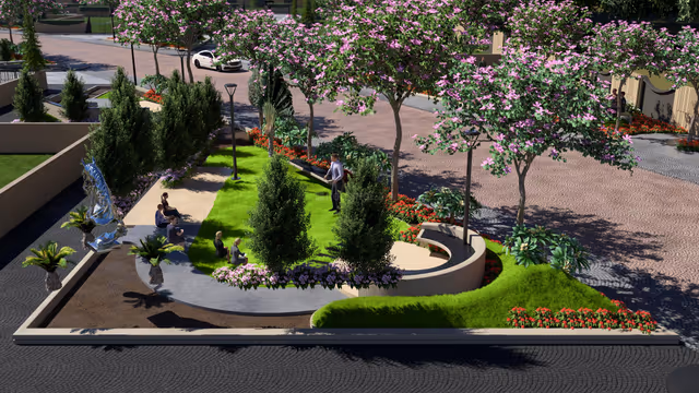 Emerald Crescent – sculpture garden node with lawns and seating