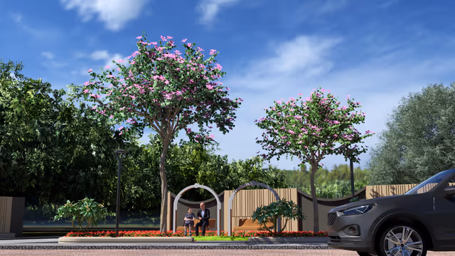 Emerald Crescent – swing seating nodes along the boundary wall under flowering trees