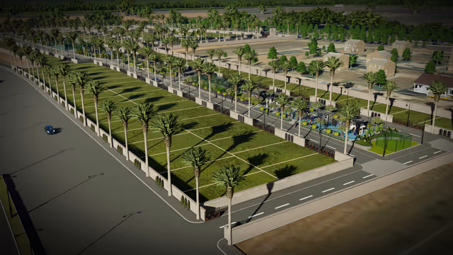 Emerald Gardenia – aerial view of the plotted layout with palm-lined roads