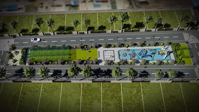 Emerald Gardenia – top view of the central amenity spine with play areas and lawns