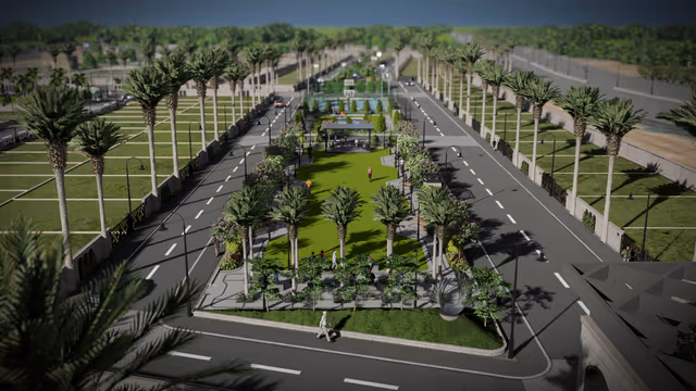 Emerald Gardenia – central garden between palm-lined internal roads