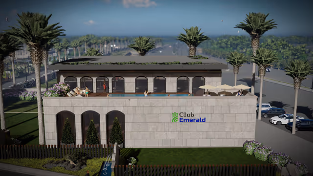 Emerald Gardenia – clubhouse front elevation with rooftop pool terrace