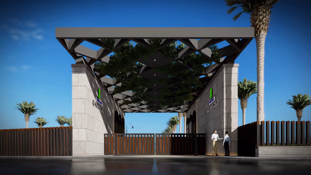 Emerald Gardenia – grand entrance gate with pergola canopy and palm avenue
